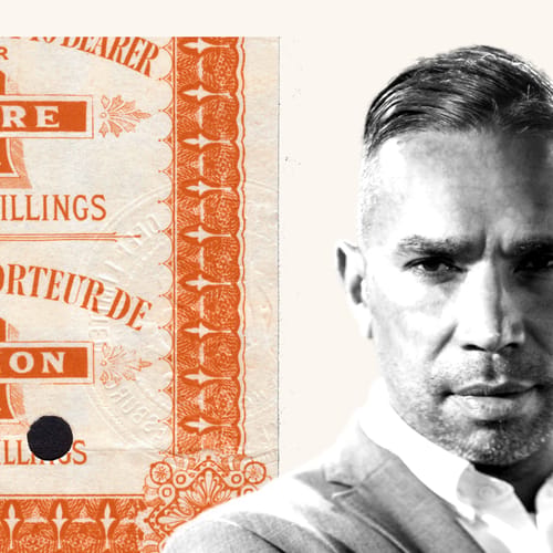  Warren Wheatley, in black and white, beside the punched foot of an 1890s share warrant printed in orange.