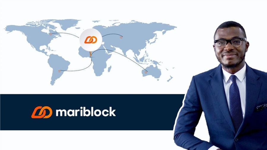 A picture of Mariblock's Lead Editor against a white and blue background carrying the Mariblock logo